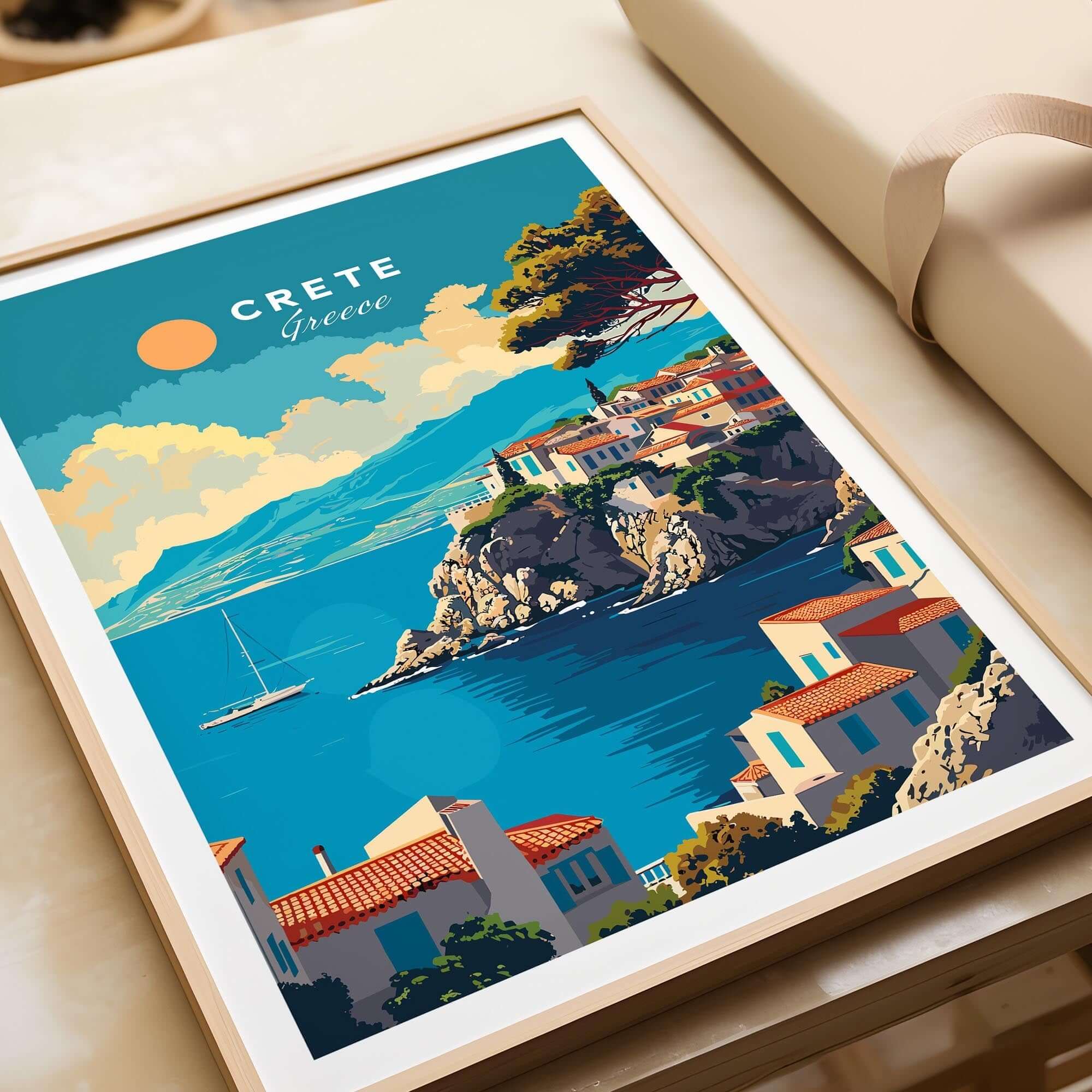 Crete Wall Art showcasing a picturesque view of Crete, Greece with colorful houses and a serene sea.