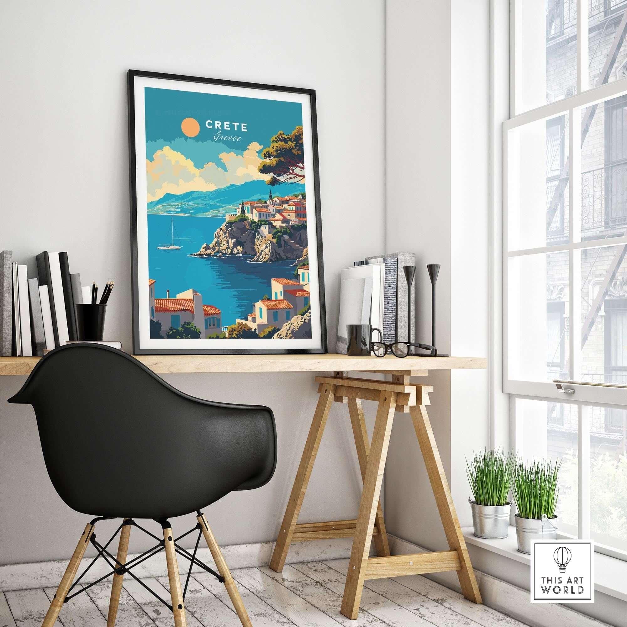 Crete Wall Art displayed in a modern office setting with a scenic view of Crete.