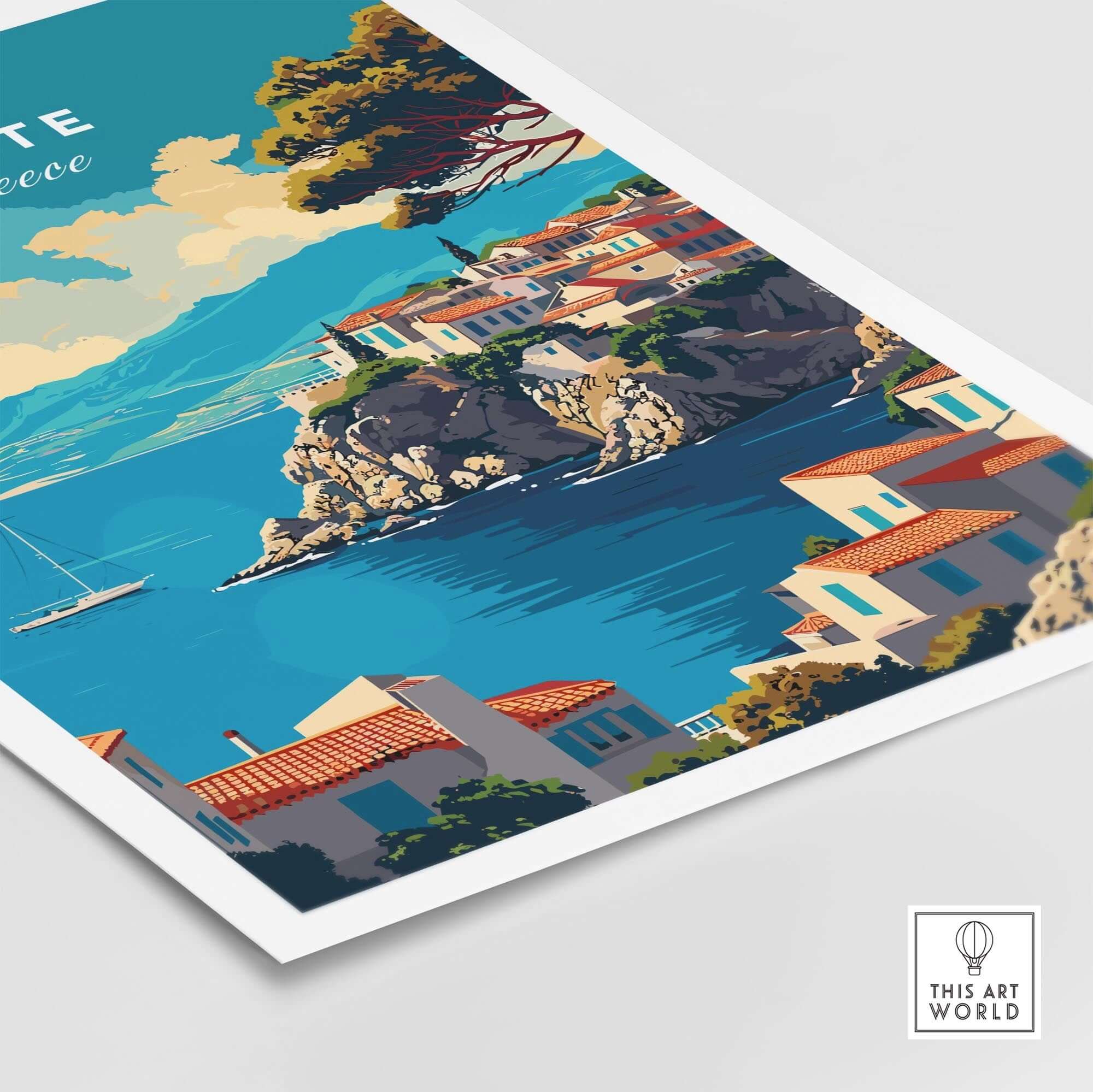 Crete Wall Art featuring a picturesque coastal scene of Crete, Greece with vibrant colors and charming architecture.