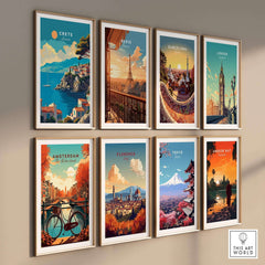 Crete Wall Art featuring vibrant Greece Travel Posters showcasing the beauty of Crete and other iconic locations.