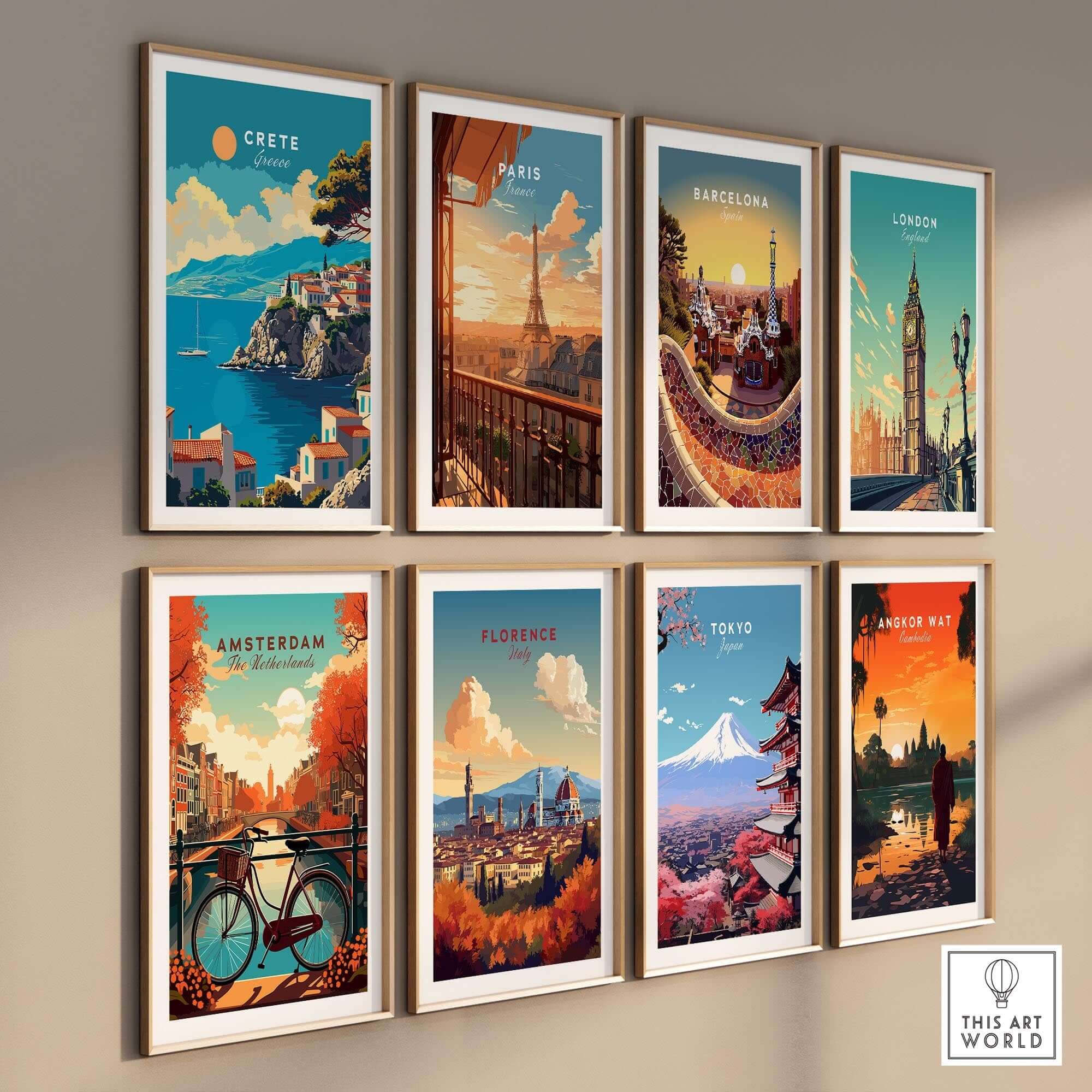 Crete Wall Art featuring vibrant Greece Travel Posters showcasing the beauty of Crete and other iconic locations.