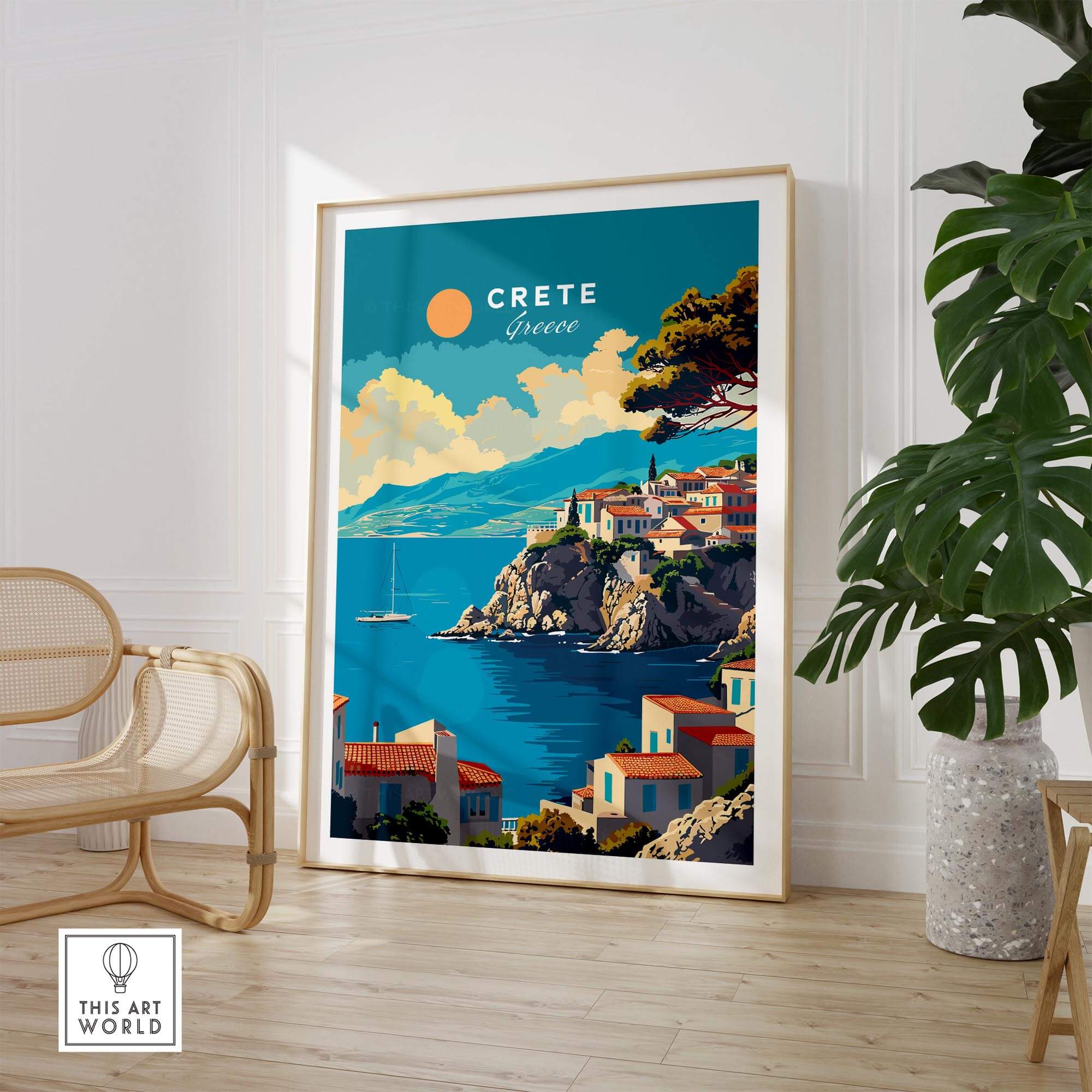 Crete Wall Art featuring a scenic view of Crete, Greece, beautifully displayed in a modern interior setting.