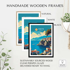 Crete Wall Art framed in natural, white, and black handmade wooden frames with clear perspex glaze.