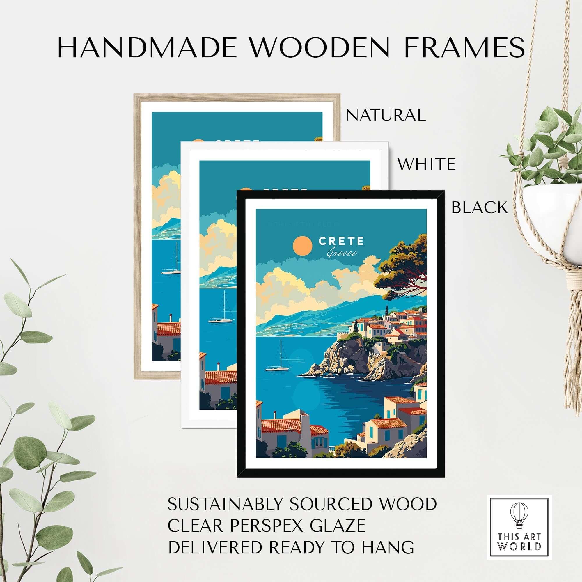 Crete Wall Art framed in natural, white, and black handmade wooden frames with clear perspex glaze.