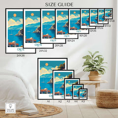 Size guide for Crete Wall Art Print showing various frame dimensions and stunning Greek seascape design.