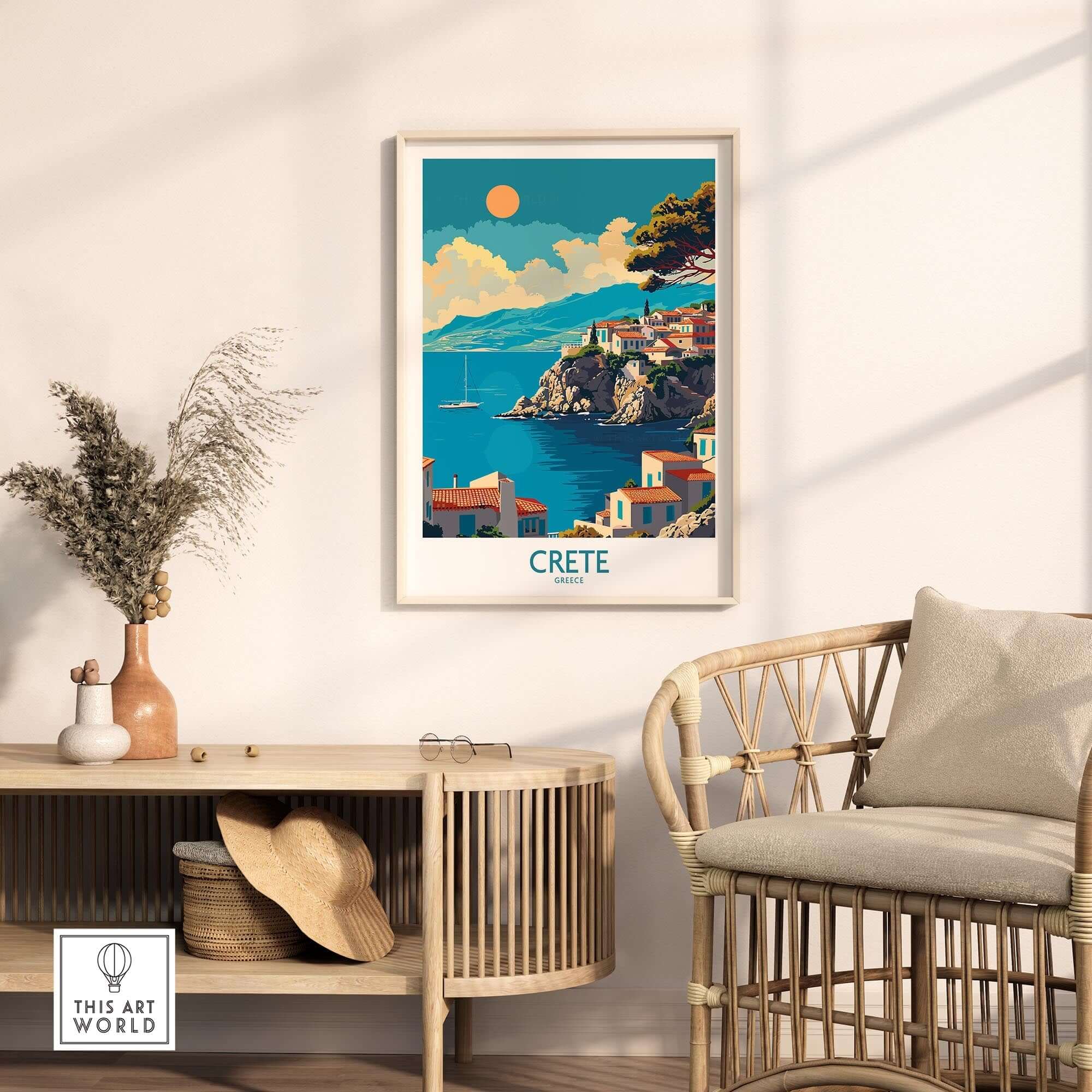 Crete Wall Art Print featuring a vibrant depiction of Crete's coastline and Mediterranean charm in a stylish interior setting.
