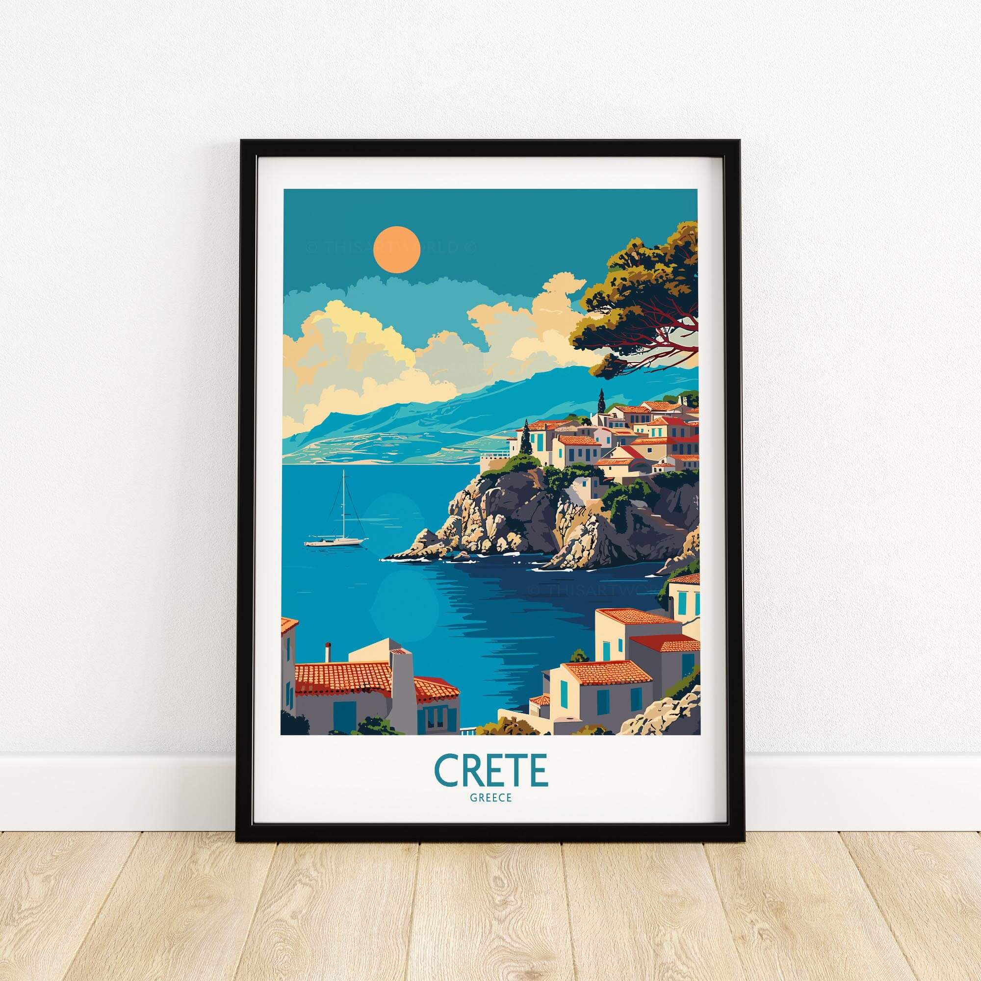 Crete Wall Art Print showcasing a vibrant coastal view of Crete, Greece with colorful houses and a sailboat.