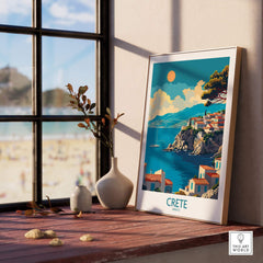 Crete Wall Art Print displayed indoors, capturing Greece's beauty with coastal view and vibrant colors.