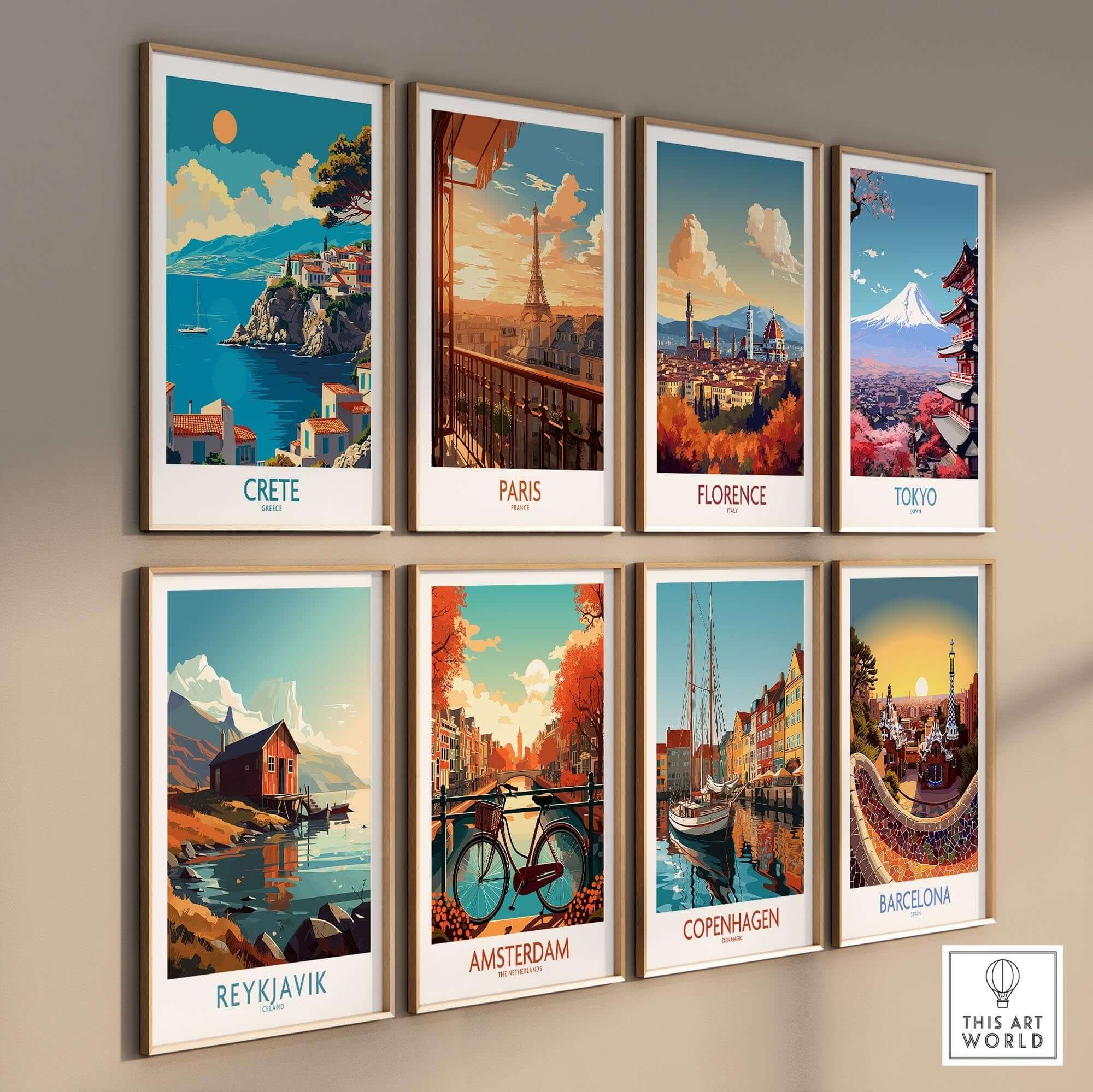 Crete Wall Art Print showcasing a collection of beautiful travel art featuring iconic cities and landscapes.