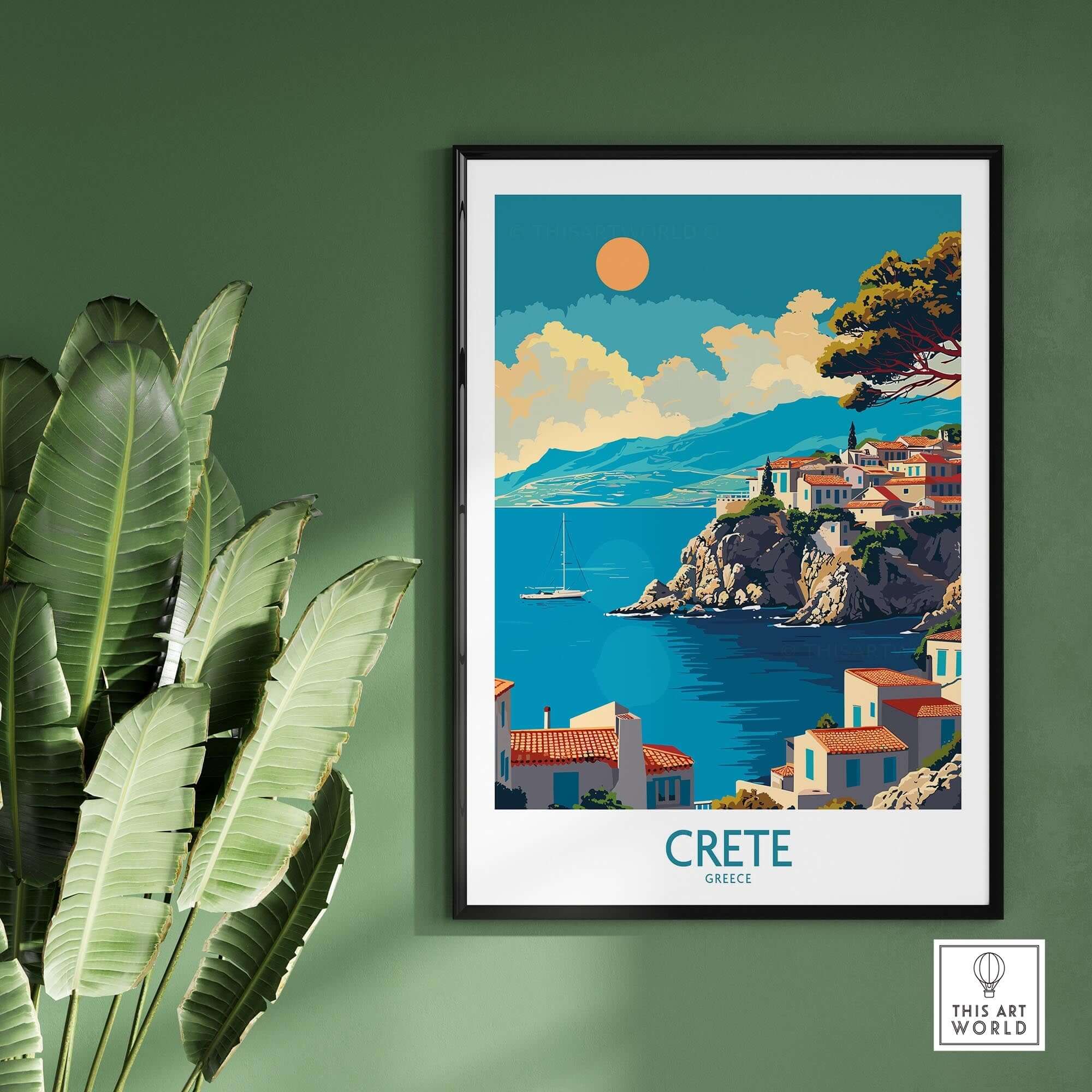Crete Wall Art Print showcasing vibrant Greek landscape with blue waters and charming buildings.