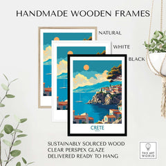 Crete Wall Art Print displayed in three handmade wooden frames: natural, white, and black, showcasing sustainable design.