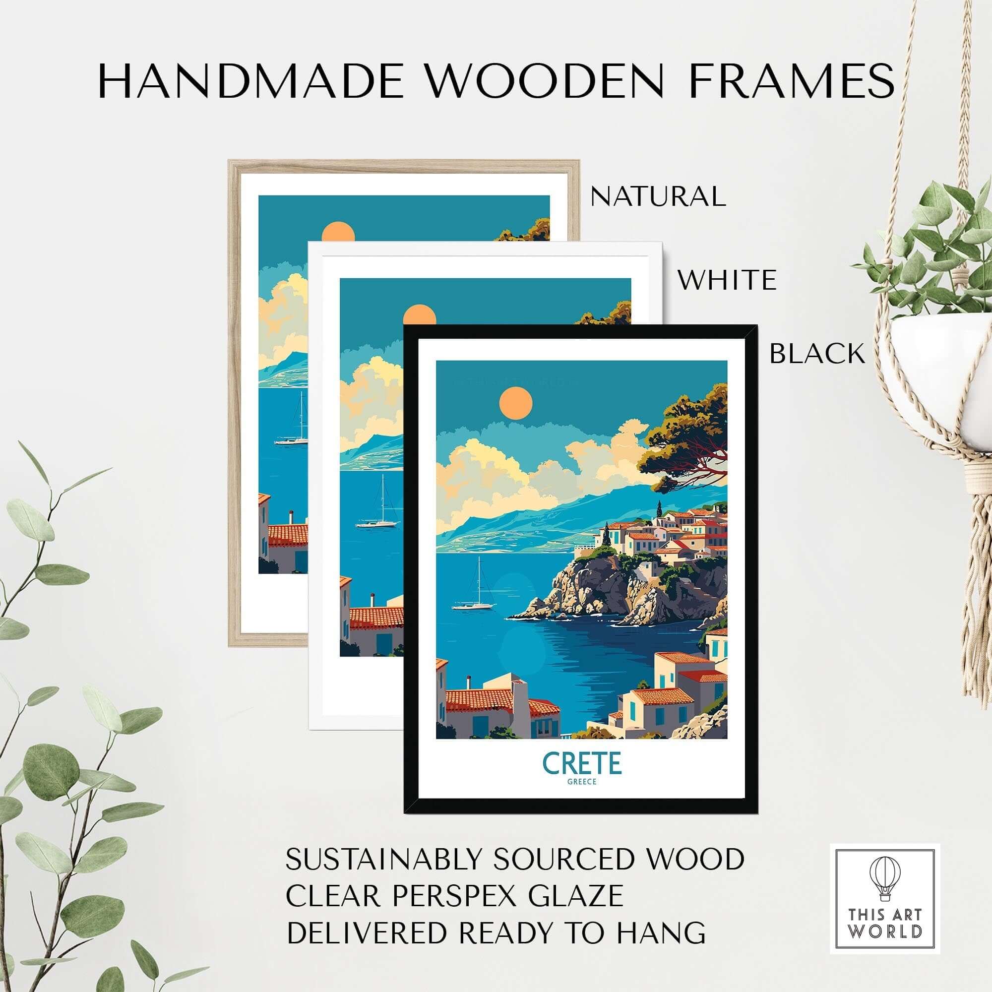 Crete Wall Art Print displayed in three handmade wooden frames: natural, white, and black, showcasing sustainable design.