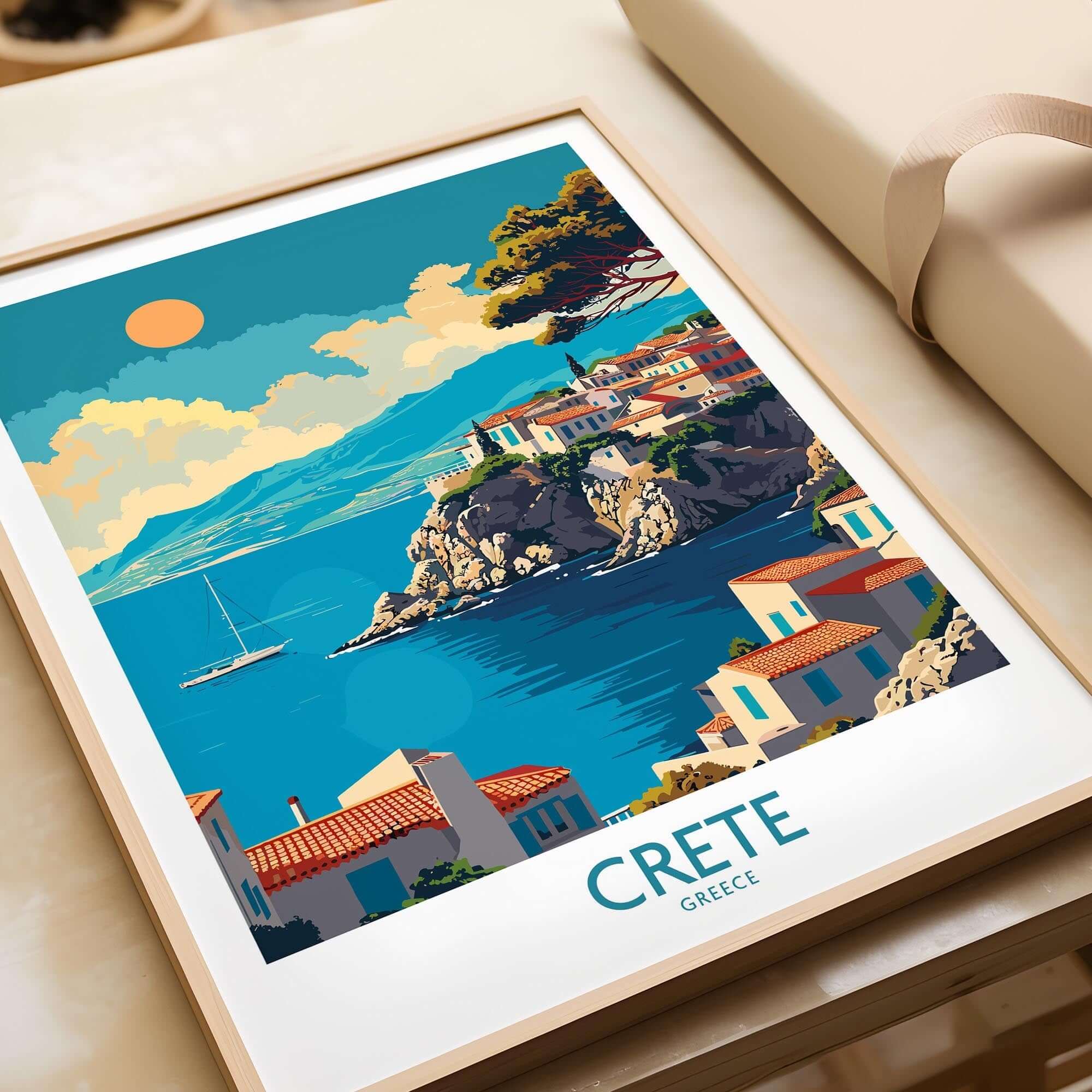 Crete Wall Art Print showcasing a vibrant coastal scene of Greece with crystal clear waters and Mediterranean charm.