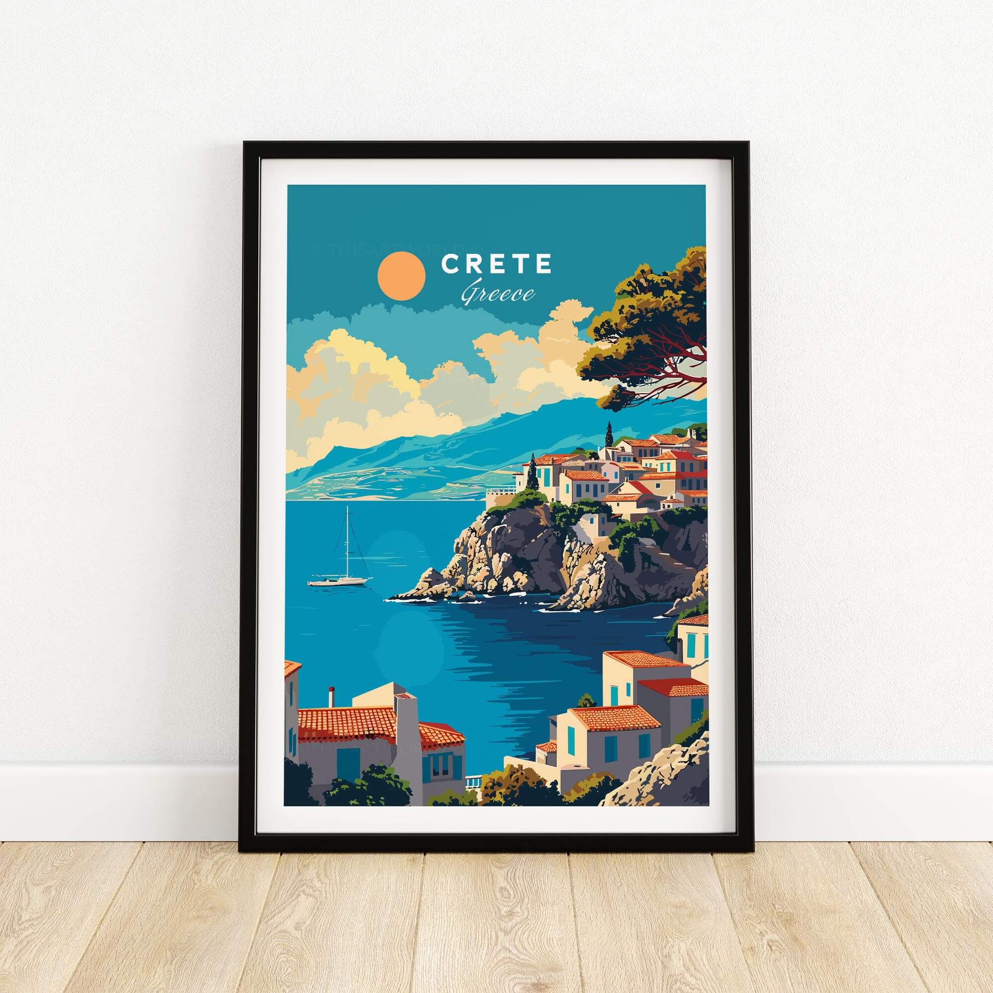 Crete Wall Art featuring a picturesque scene of a coastal town in Greece with vibrant colors and a sunny sky.