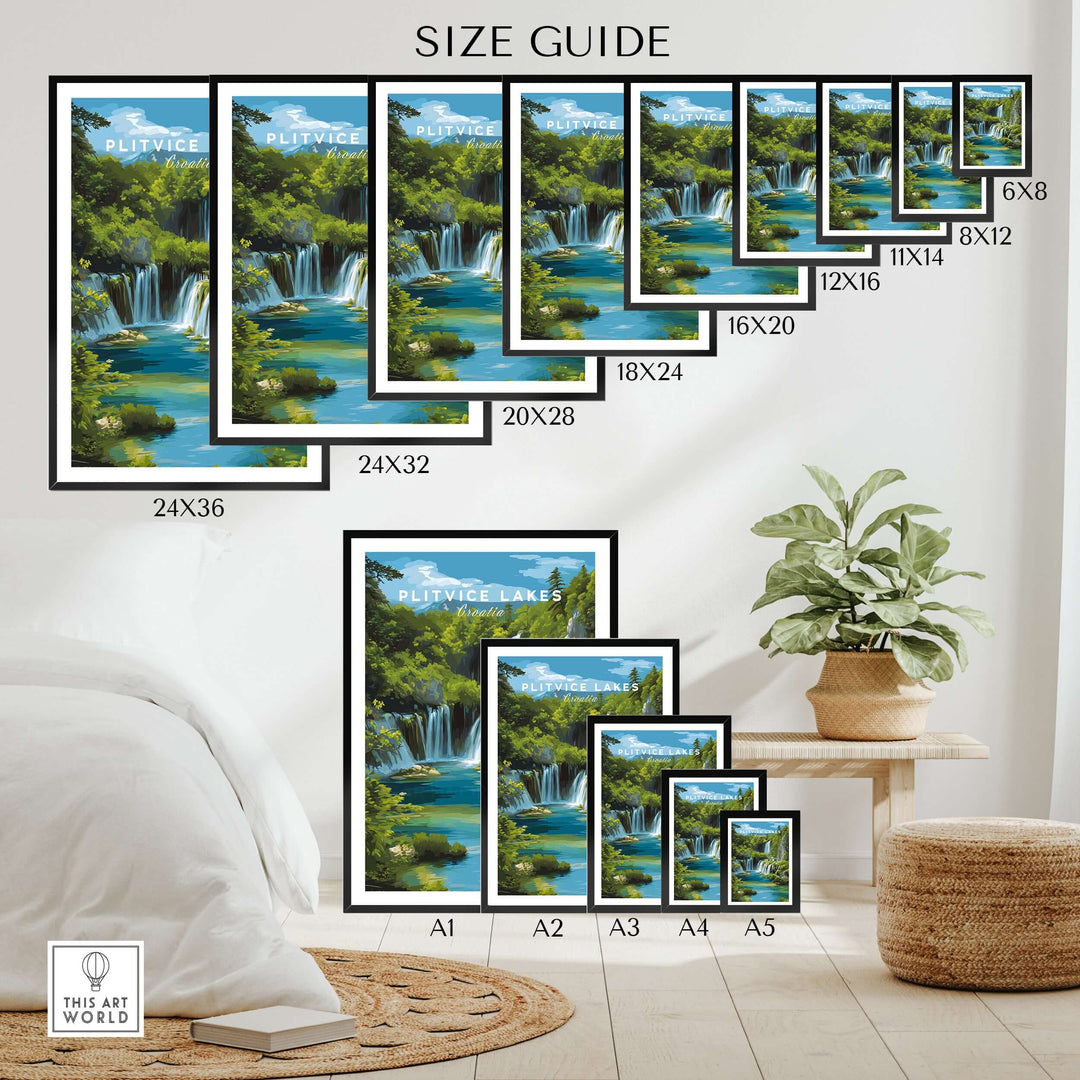 Size guide for Plitvice Lakes landscape posters, showcasing various frame sizes in a cozy decor setting.