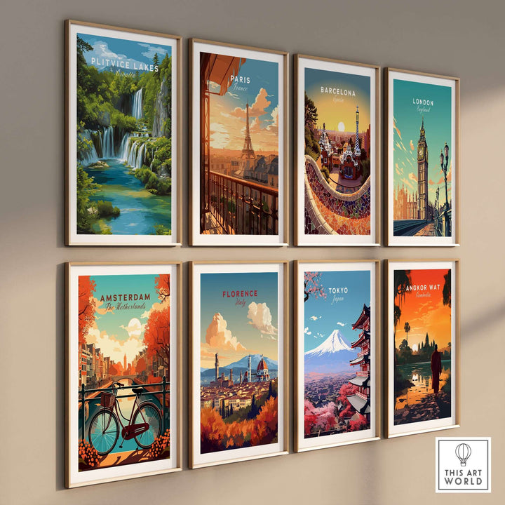Collection of city and landscape travel posters including Plitvice Lakes, Paris, and Barcelona on display.