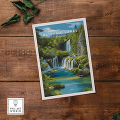 Croatia Landscape Poster, Plitvice Lakes Wall Decor, Mountain and Nature Travel Print showcasing cascading waterfalls.