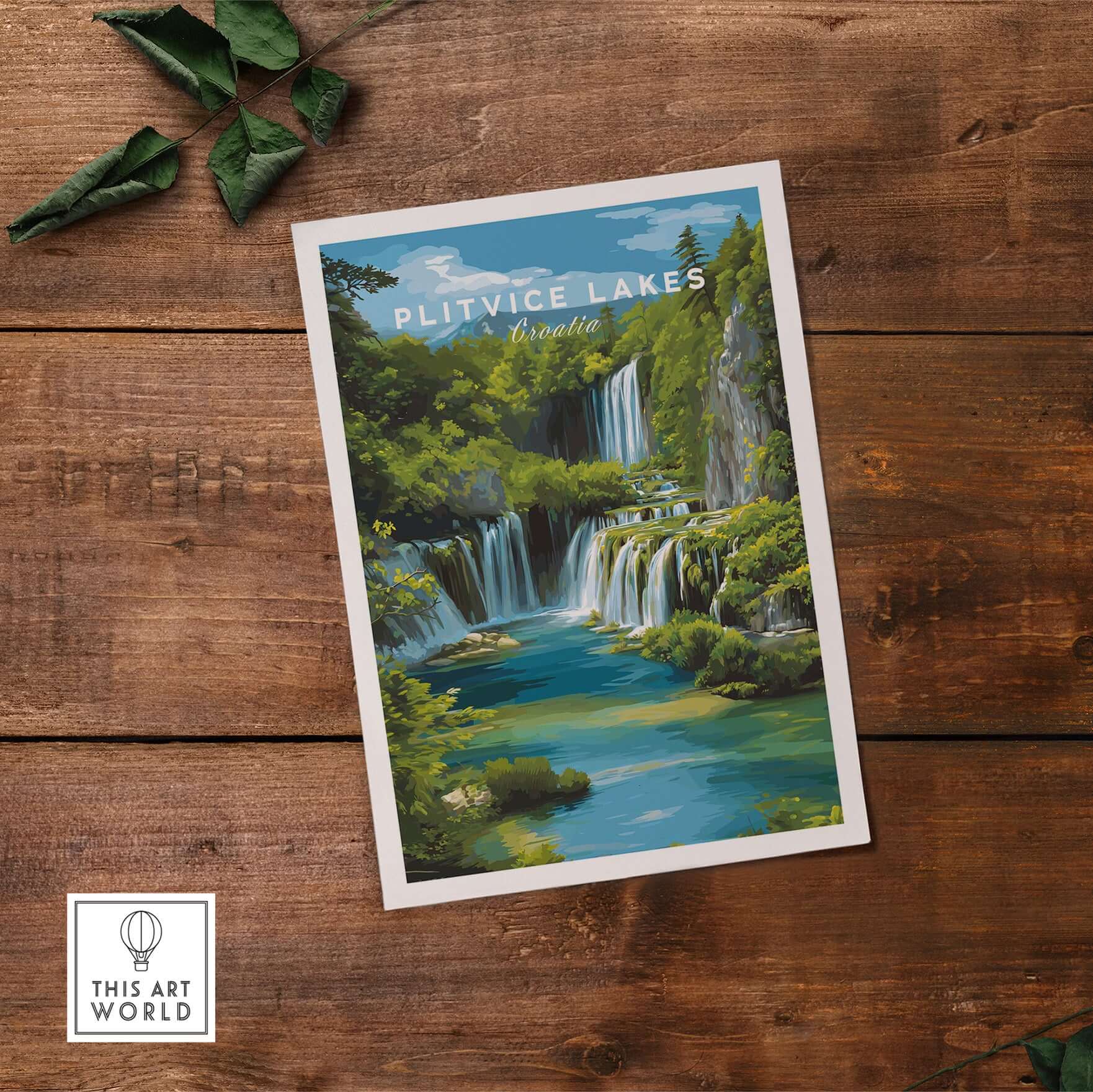 Croatia Landscape Poster, Plitvice Lakes Wall Decor, Mountain and Nature Travel Print showcasing cascading waterfalls.