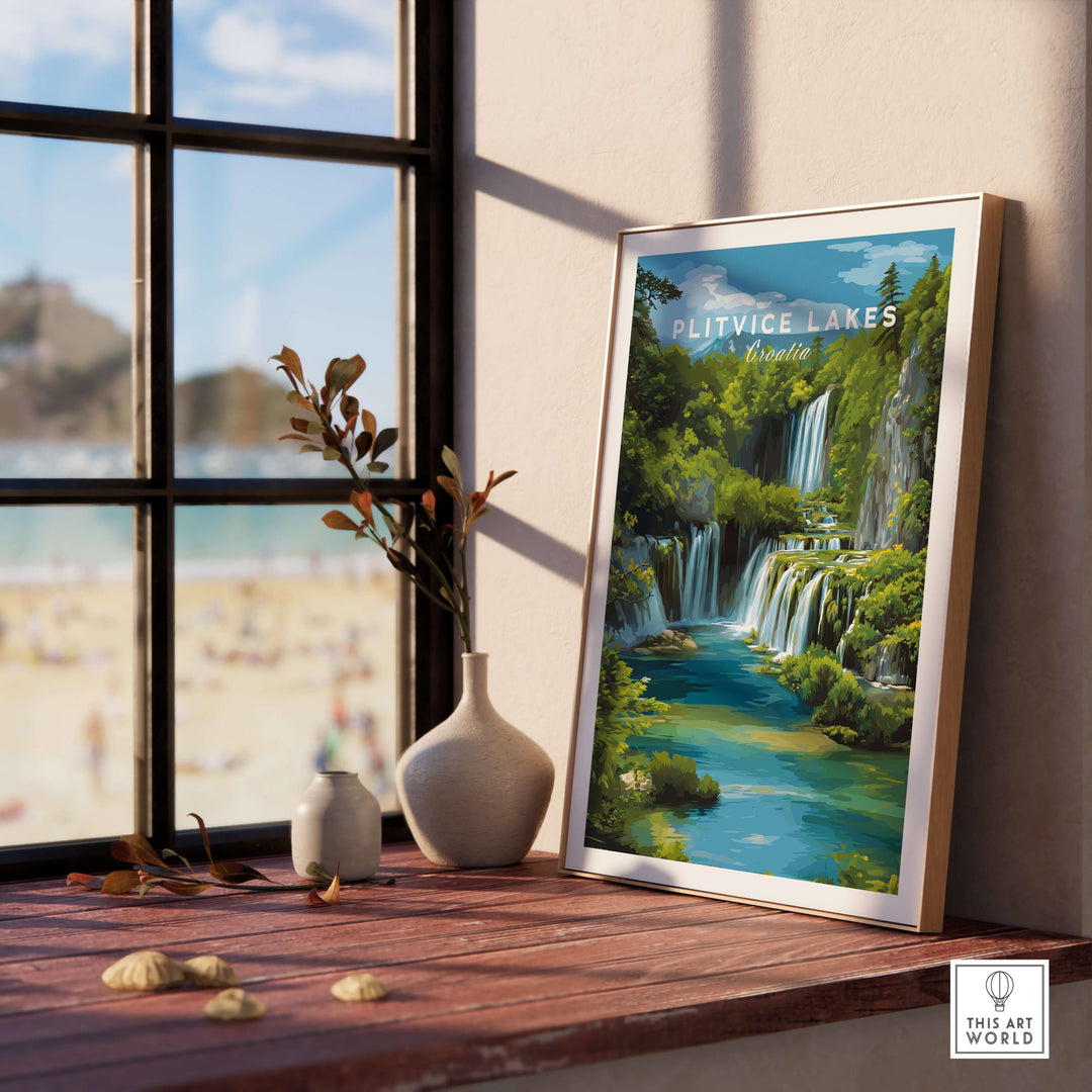 Plitvice Lakes landscape poster displayed by a window, showcasing stunning waterfalls and nature decor.