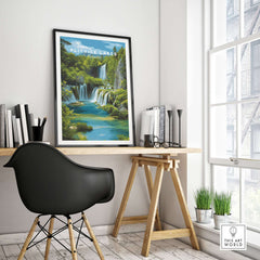 Croatia Landscape Poster, Plitvice Lakes Wall Decor, Mountain and Nature Travel Print in a stylish home office setting.