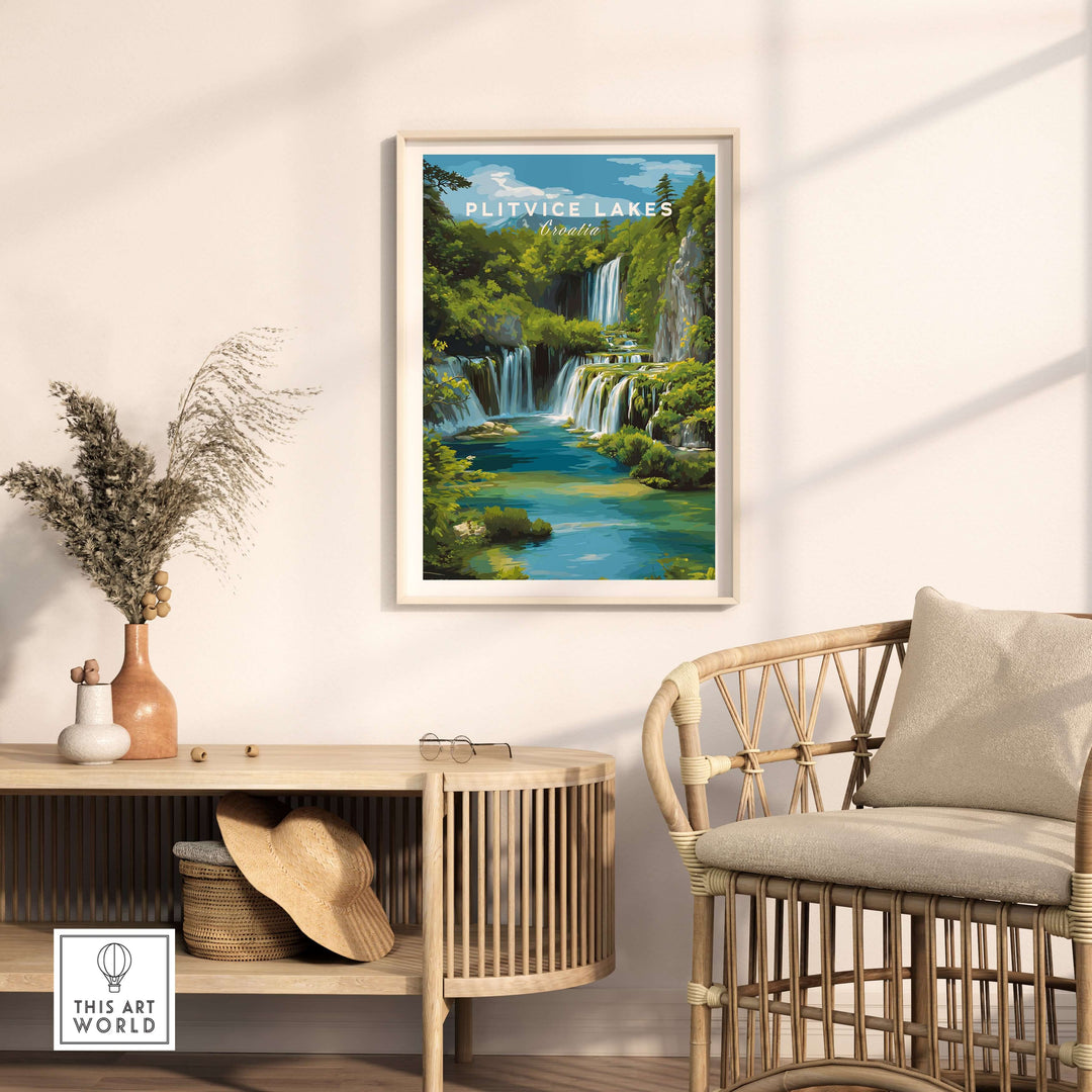 Plitvice Lakes landscape poster featuring waterfalls and lush greenery in stylish home decor setting.