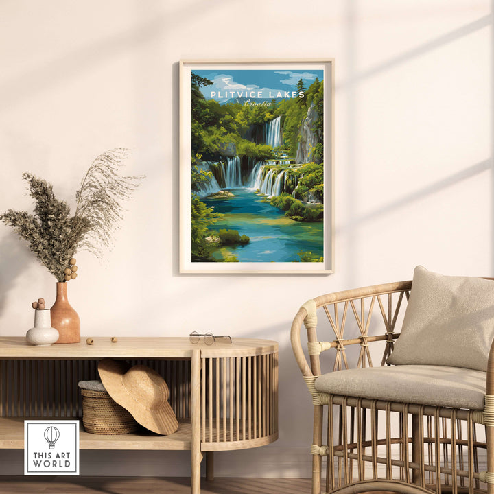 Plitvice Lakes landscape poster featuring waterfalls and lush greenery in stylish home decor setting.