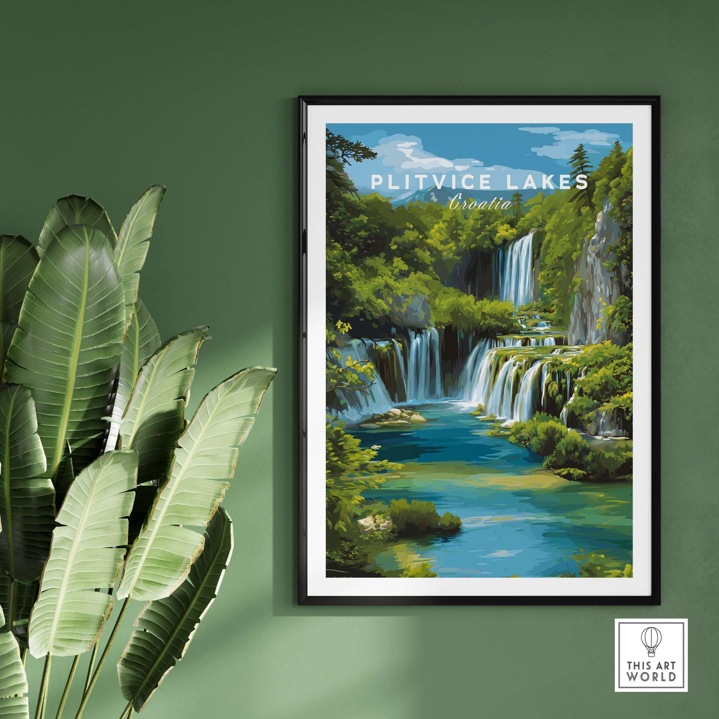 Croatia Landscape Poster, Plitvice Lakes Wall Decor, Mountain and Nature Travel Print showcasing stunning water features.