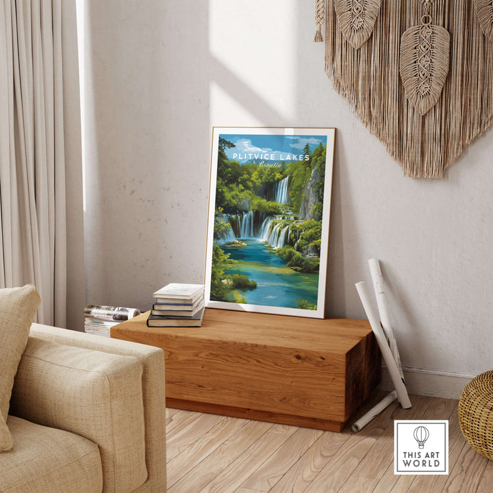 Plitvice Lakes landscape poster displayed in a cozy living room, featuring waterfalls and lush green nature.