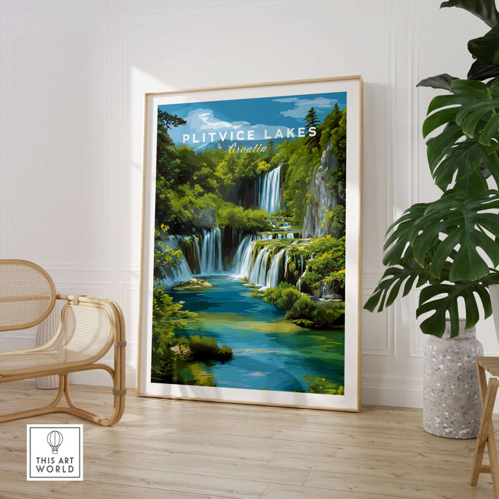 Plitvice Lakes landscape poster showcasing waterfalls and green foliage, perfect for home decor.