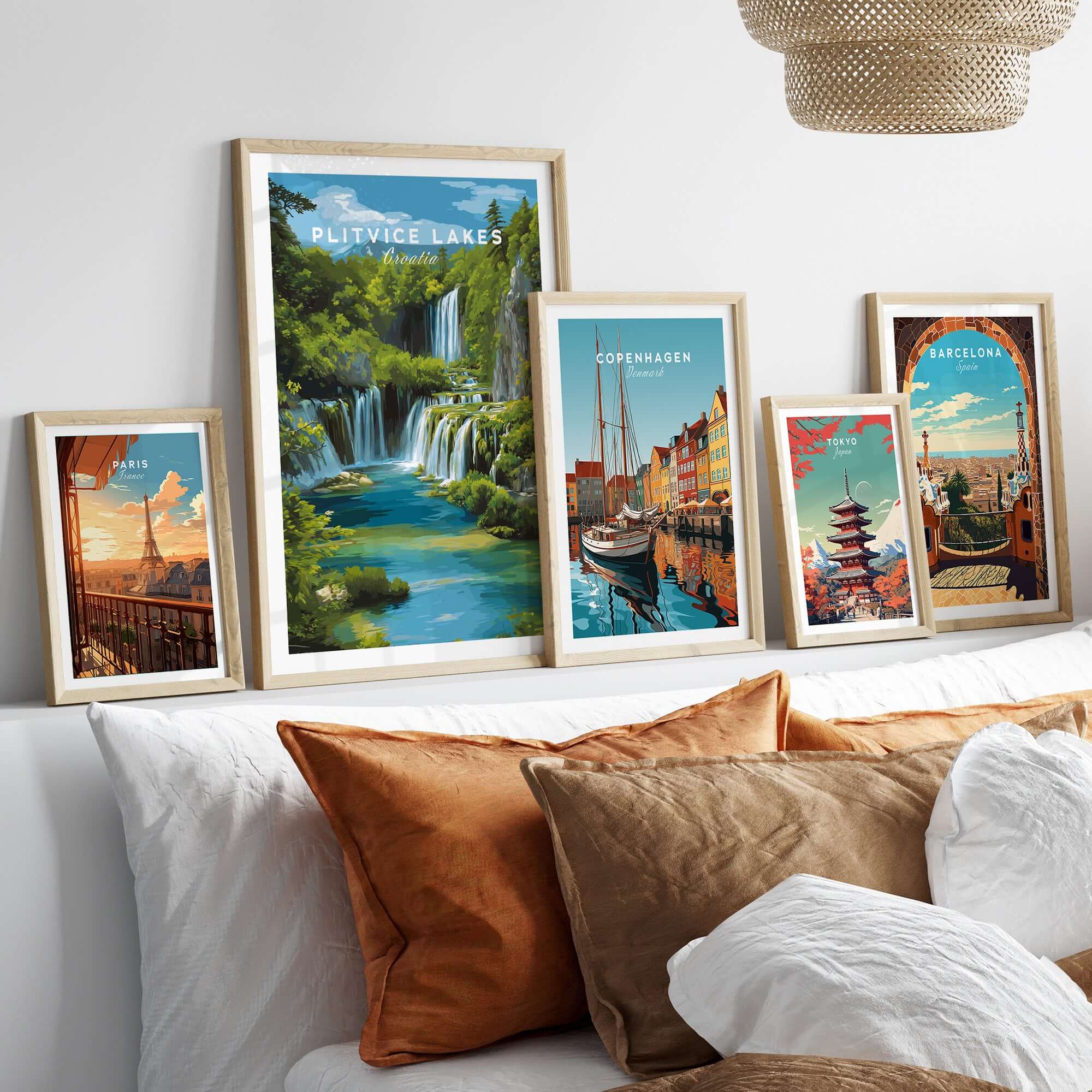 Croatia Landscape Poster, Plitvice Lakes Wall Decor, Mountain and Nature Travel Print displayed in a stylish home setting.
