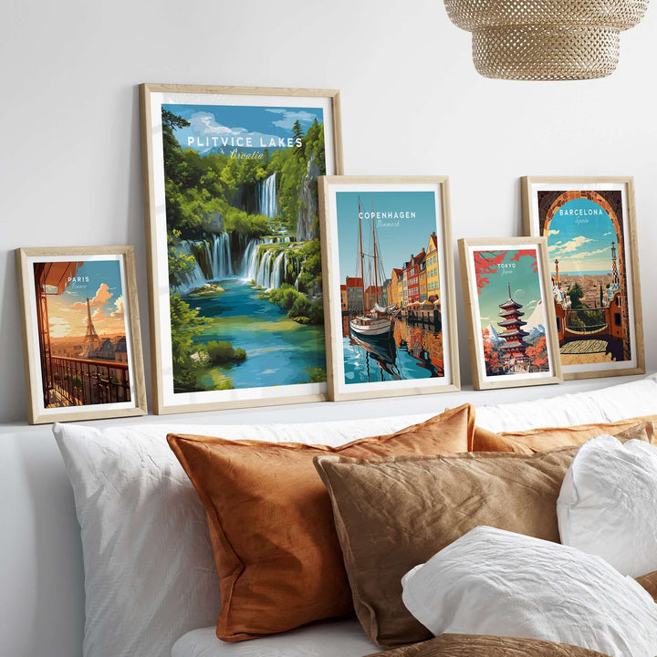 Framed Croatia Plitvice Lakes poster and travel prints displayed on a stylish sofa with decorative cushions.