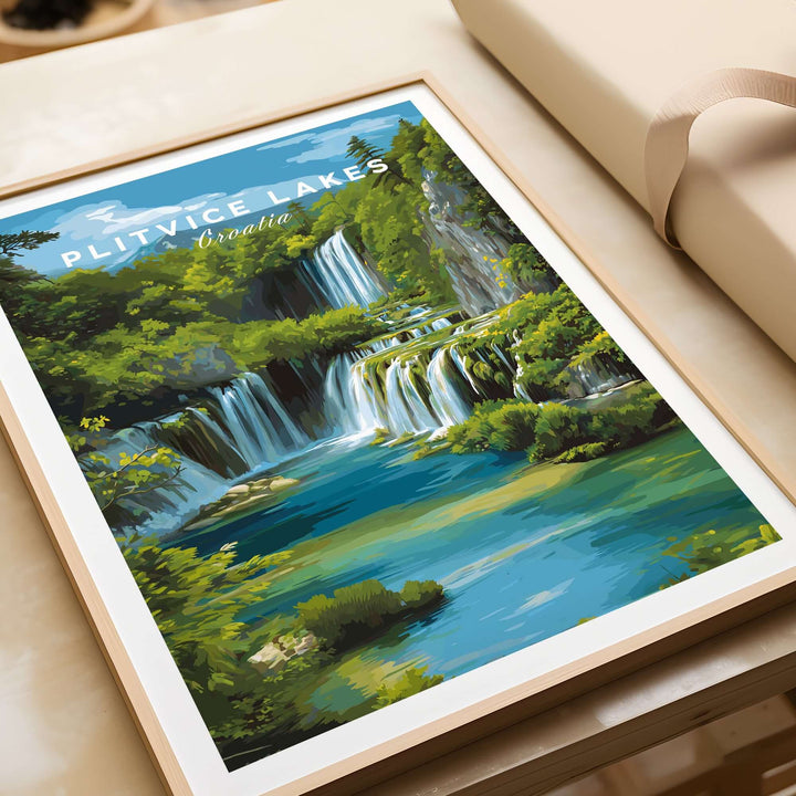 Vibrant Croatia landscape poster of Plitvice Lakes with waterfalls and greenery, perfect for nature lovers and travel decor.