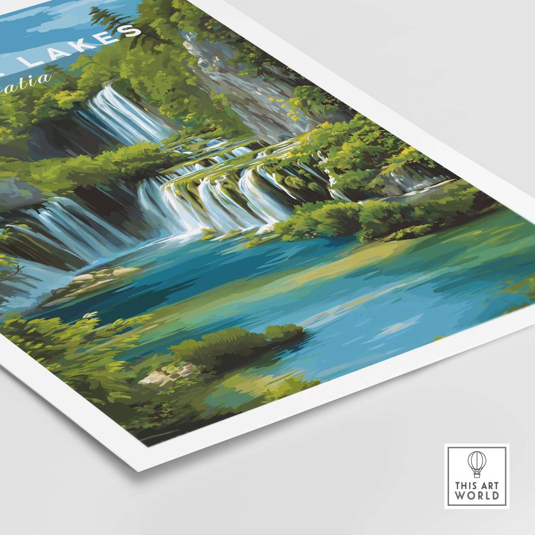Croatia Plitvice Lakes poster showcasing stunning waterfalls and vibrant nature in serene blue tones.