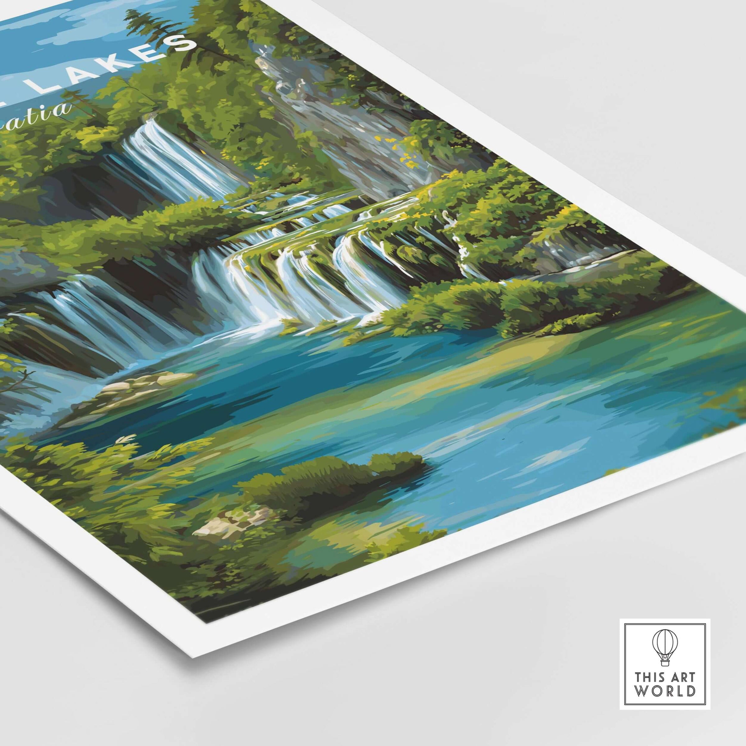 Croatia Landscape Poster, Plitvice Lakes Wall Decor, Mountain and Nature Travel Print showcasing waterfall and turquoise waters.