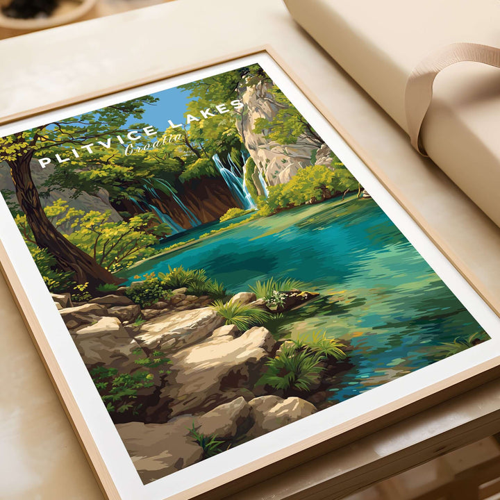 Plitvice Lakes Croatia poster featuring vibrant waterfall and serene nature landscape in a framed print.