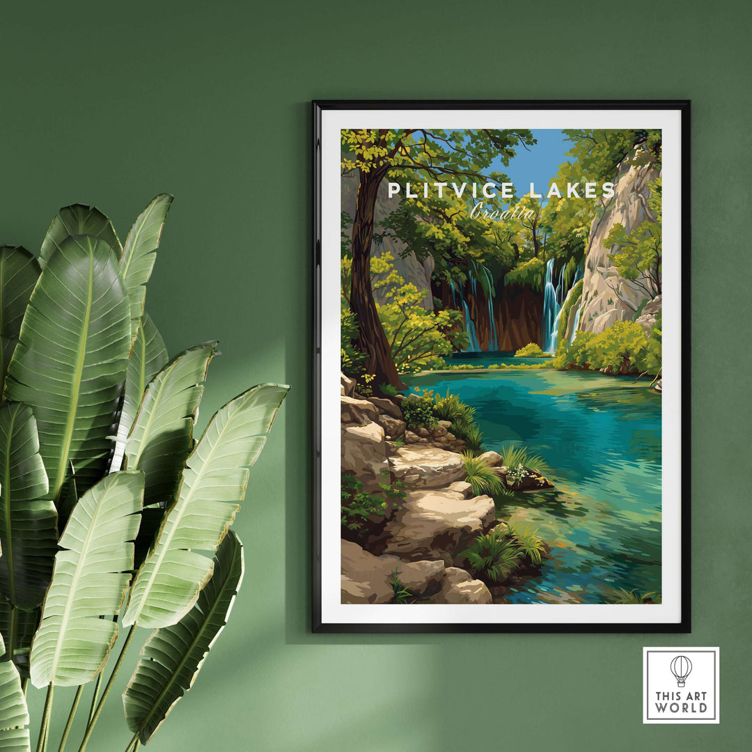 Plitvice Lakes waterfall poster on green wall, showcasing serene nature landscape and vibrant water features.