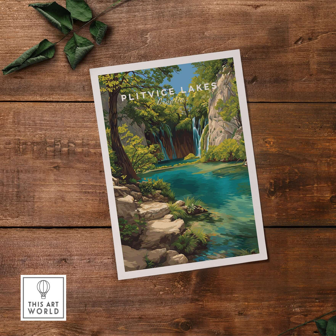 Plitvice Lakes waterfall poster featuring vibrant nature landscape art decor for home.