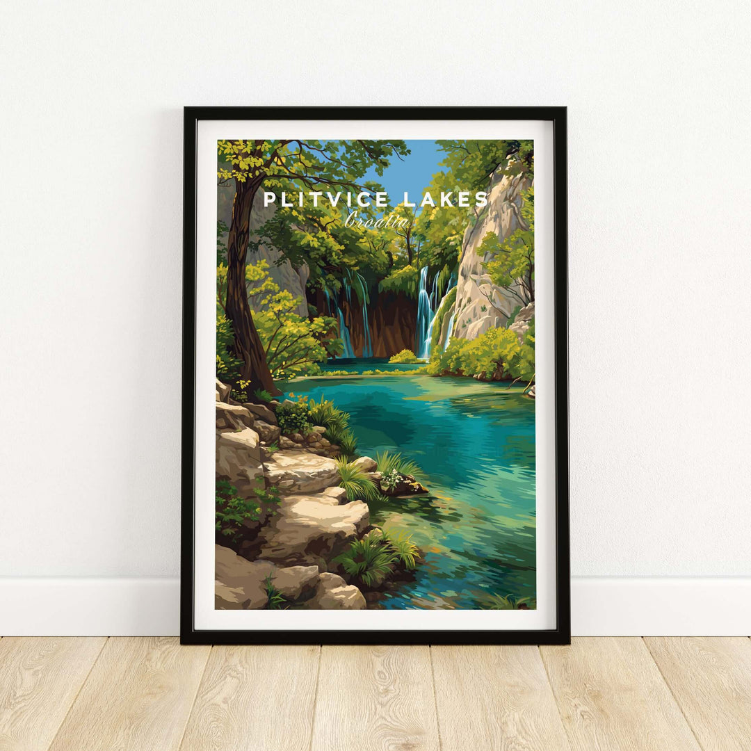 Plitvice Lakes waterfall poster featuring lush greenery and serene blue waters, perfect for nature-inspired wall decor.