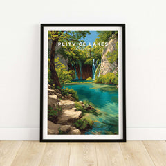 Croatia Waterfall Poster, Plitvice Lakes Wall Decor, Nature Landscape Print showcasing vibrant green landscape and cascading waters.