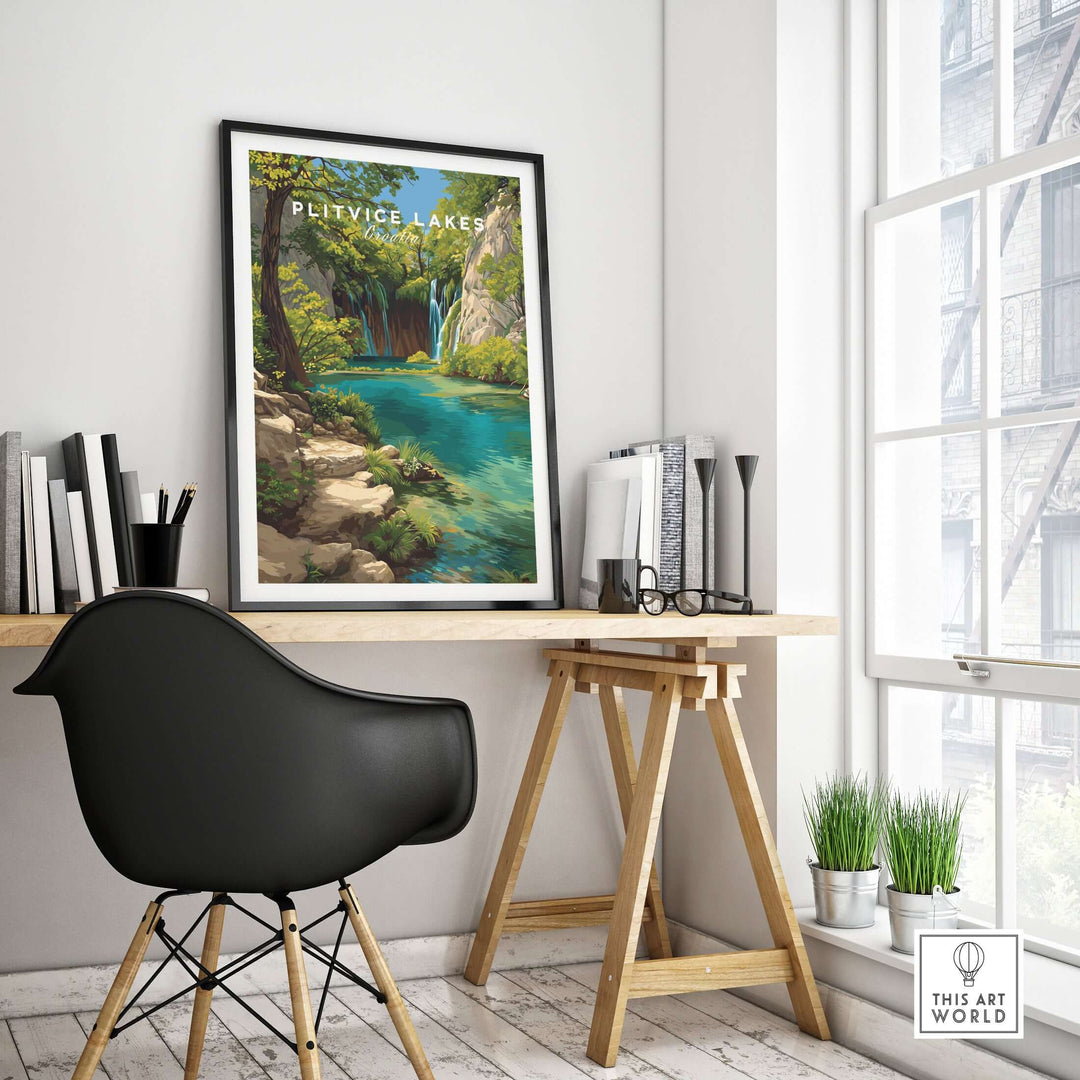 Plitvice Lakes waterfall poster displayed in a stylish home office, showcasing vibrant nature landscape decor.