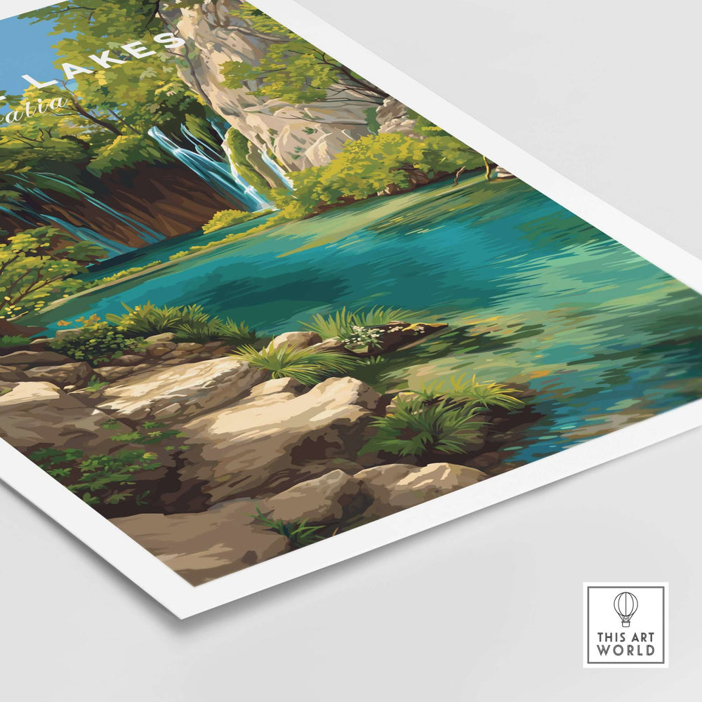 Croatia Waterfall Poster featuring Plitvice Lakes with serene blue waters and lush greenery in vivid detail.
