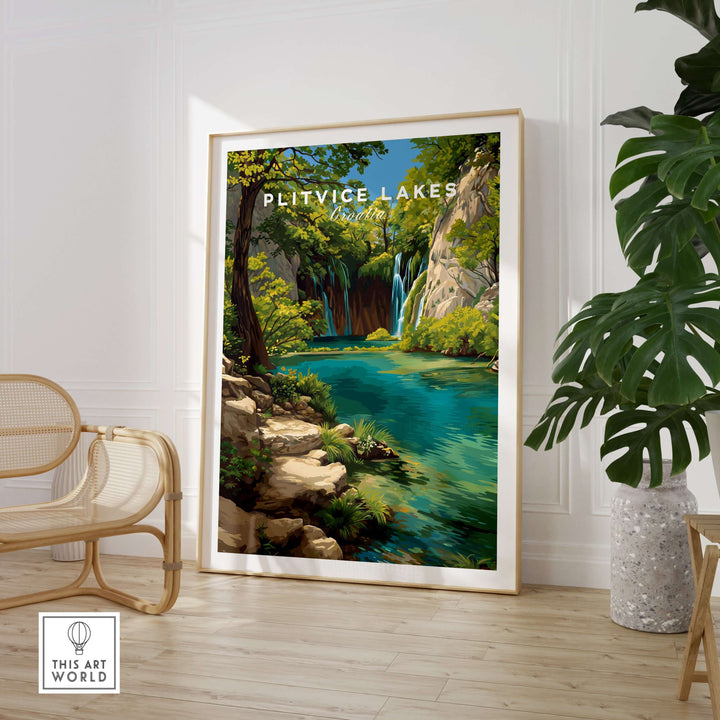 Framed poster of Plitvice Lakes featuring lush greenery and cascading waterfall, ideal for nature-inspired home decor.