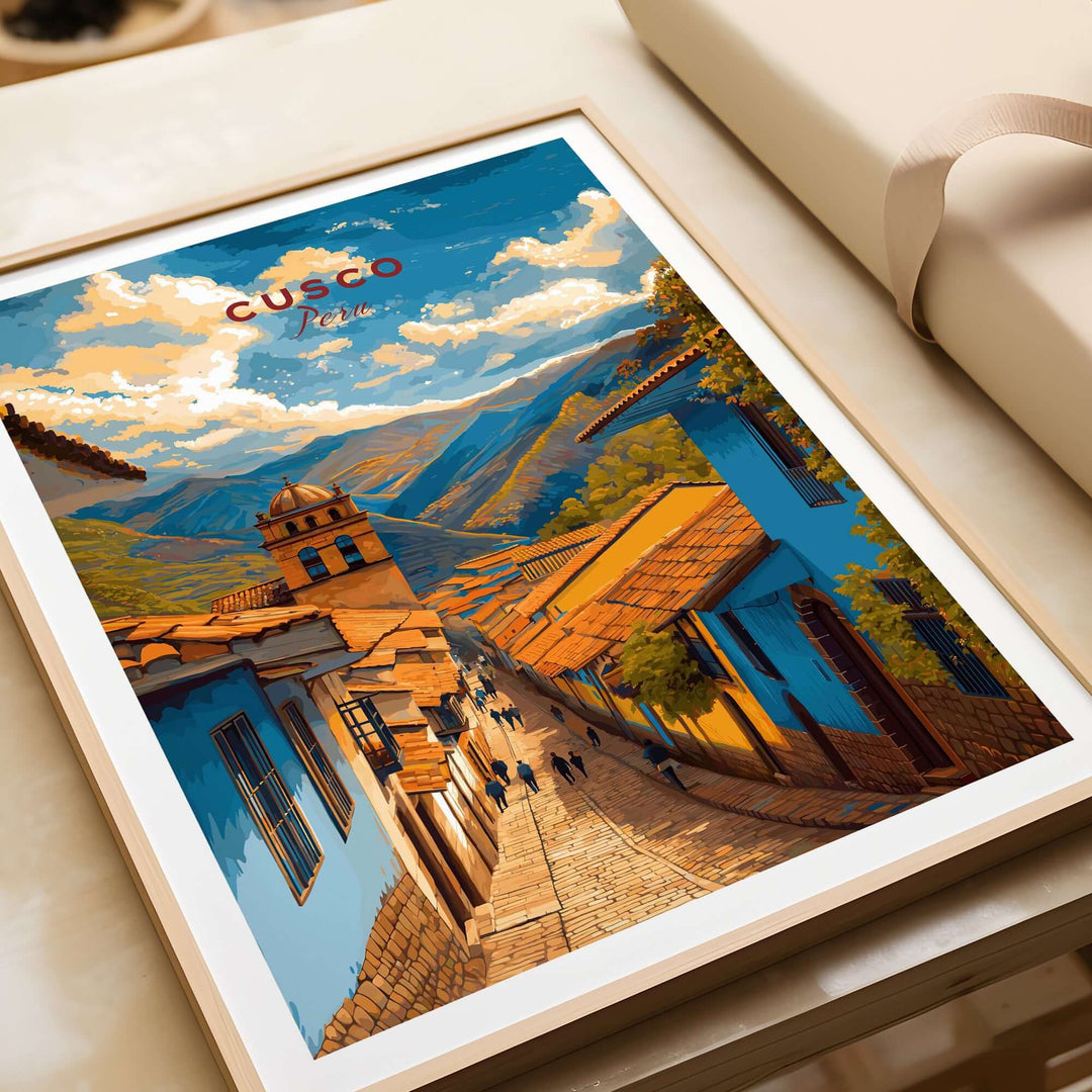 Cusco City Print | Inca Valley Wall Decor featuring a vibrant artistic depiction of Cusco streets and landscape.