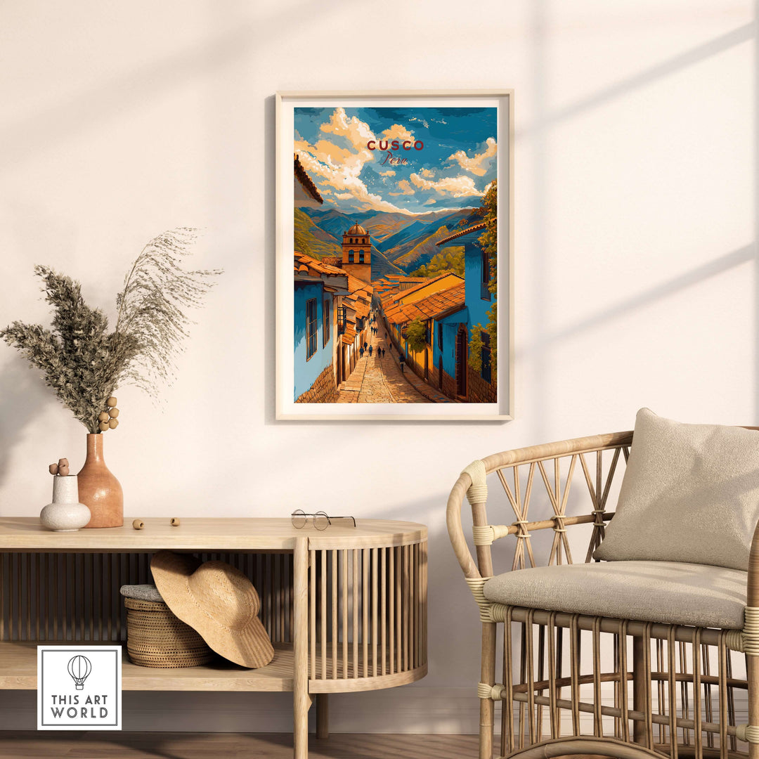 Cusco City Print | Inca Valley Wall Decor showcasing the vibrant streets of Cusco in a stylish home setting.