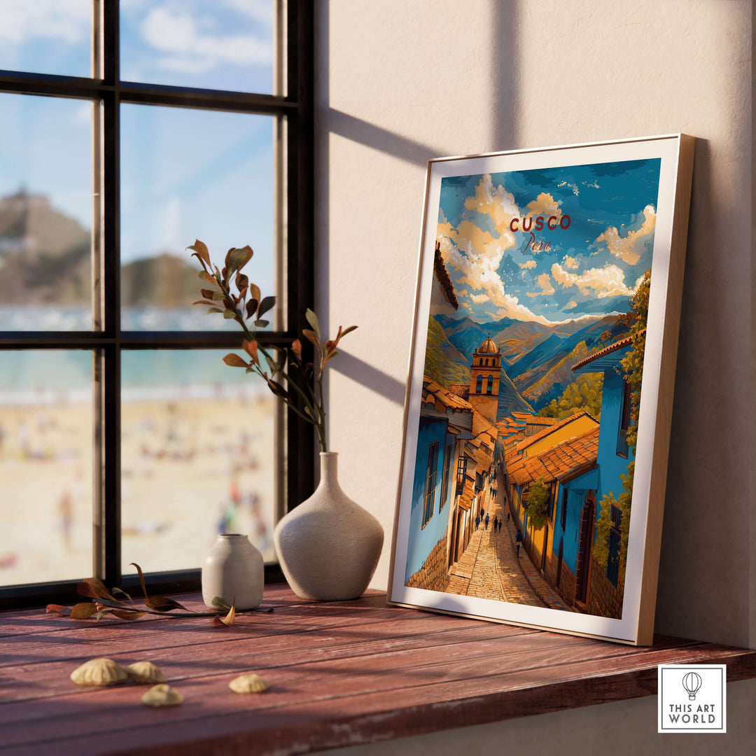 Cusco City Print | Inca Valley Wall Decor showcasing vibrant streets and mountains near a window.