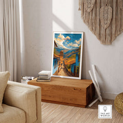 Cusco City Print | Inca Valley Wall Decor displayed in a cozy living room, showcasing vibrant streets and landscapes.