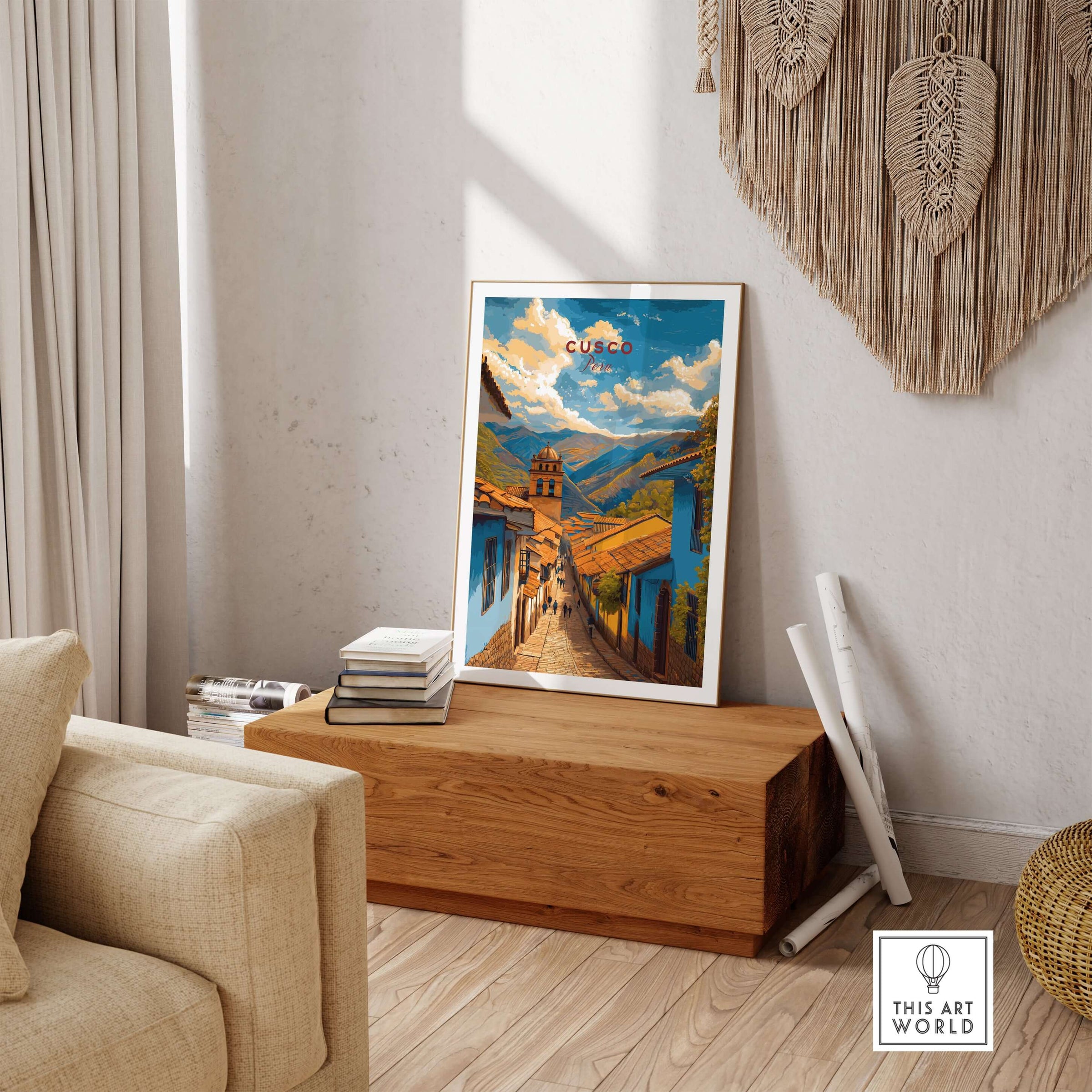 Cusco City Print | Inca Valley Wall Decor displayed in a cozy living room, showcasing vibrant streets and landscapes.