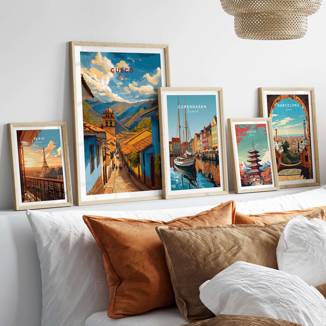 Cusco City Print | Inca Valley Wall Decor displayed with other city prints in a modern home decor setting.