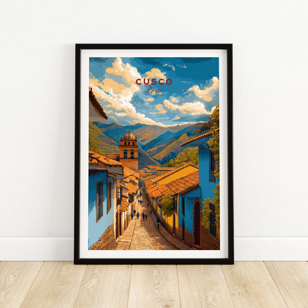 Cusco City Print | Inca Valley Wall Decor showcasing the vibrant streets and stunning mountains of Cusco, Peru.