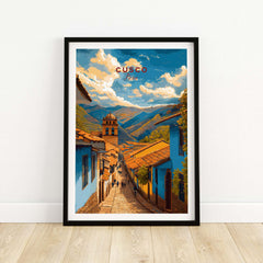Cusco City Print | Inca Valley Wall Decor showcasing vibrant streets and mountains in a stunning frame.